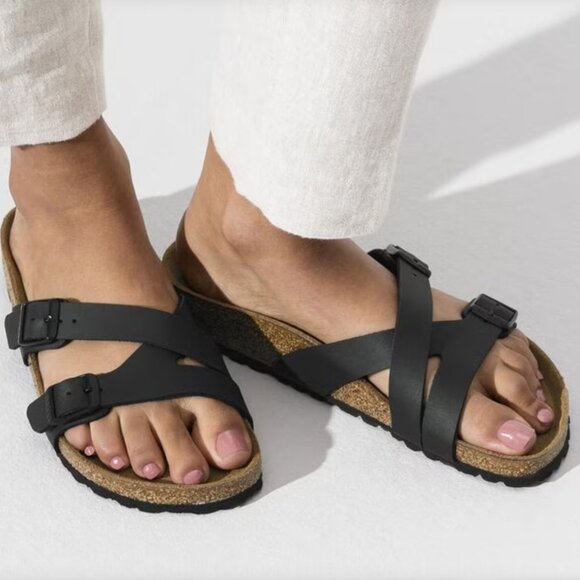 Birkenstock Yao Birko-Flor Black Women's Cross-Strap Sandals Medium-narrow width - Picture 1 of 10